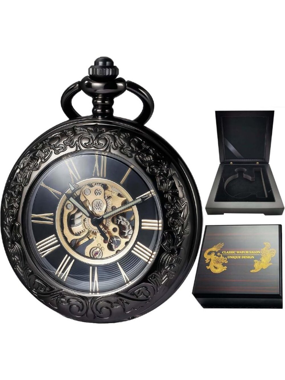 Vintage Mechanical Pocket Watch for Men & Women, Engraved Half Hunter with Chain